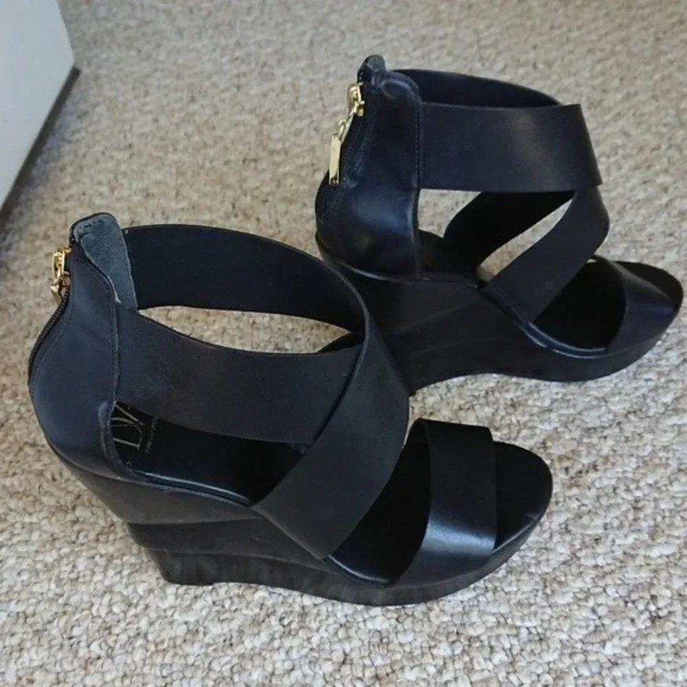 Diane von Furstenberg Black Leather Opal Crisscross Wedge Sandals size 8.5/9